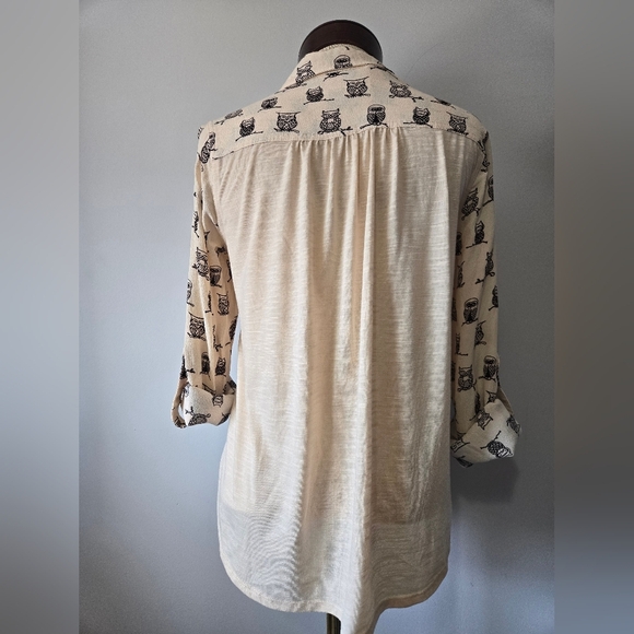 PORRIDGE ANTHROPOLOGIE Cream Owl Print Button-Up Shirt. Size Small - Picture 9 of 13